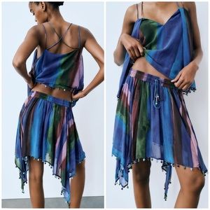 Zara beaded hem printed flowy asymmetric boho
skirt,